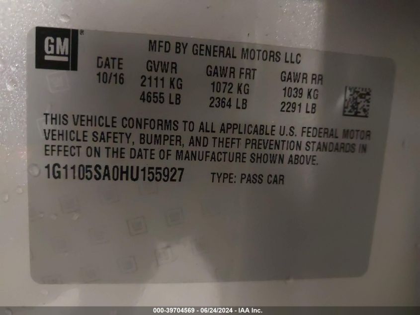 2017 Chevrolet Impala 1Lt VIN: 1G1105SA0HU155927 Lot: 39704569
