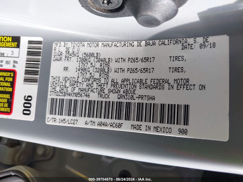 2019 Toyota Tacoma Trd Sport VIN: 3TMDZ5BN4KM056746 Lot: 39704570