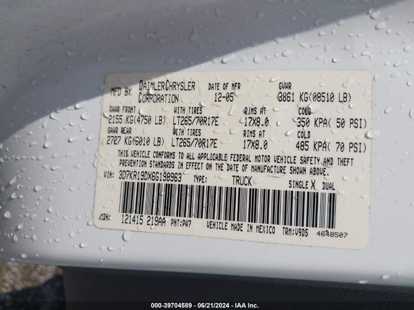 2006 Dodge Ram 1500 Slt VIN: 3D7KR19DX6G198963 Lot: 39704589