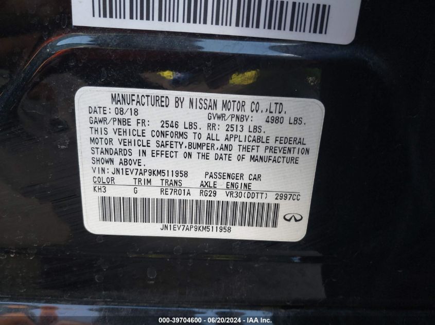 2019 Infiniti Q50 3.0T Luxe VIN: JN1EV7AP9KM511958 Lot: 39704600