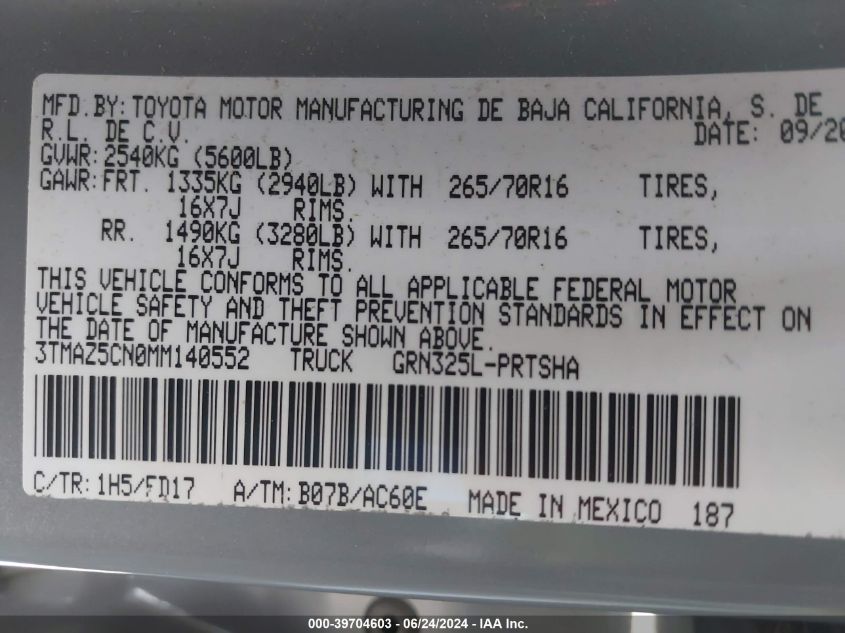 2021 Toyota Tacoma Trd Off-Road VIN: 3TMAZ5CN0MM140552 Lot: 39704603