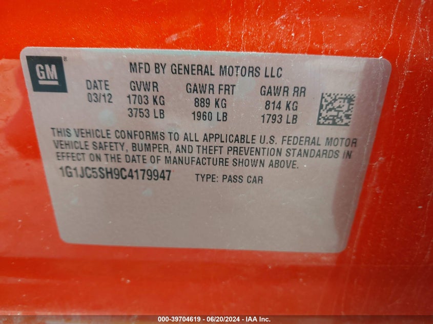 2012 Chevrolet Sonic 2Lt VIN: 1G1JC5SH9C4179947 Lot: 39704619