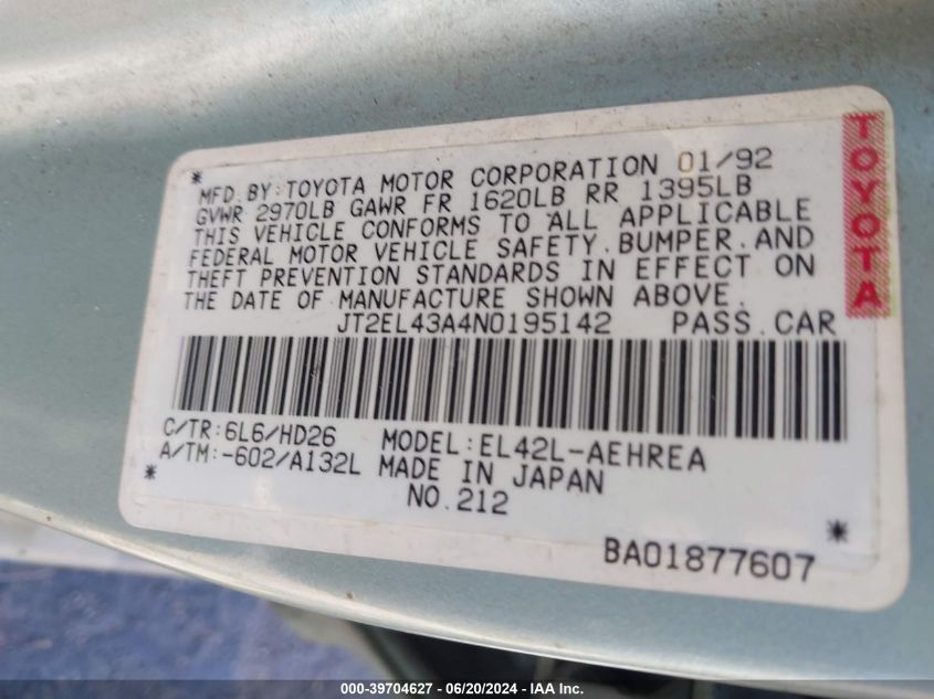 1992 Toyota Tercel Deluxe VIN: JT2EL43A4N0195142 Lot: 39704627