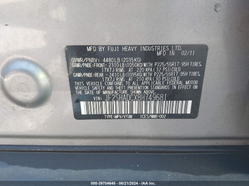 2011 Subaru Forester 2.5X Premium VIN: JF2SHADCXBH749681 Lot: 39704648