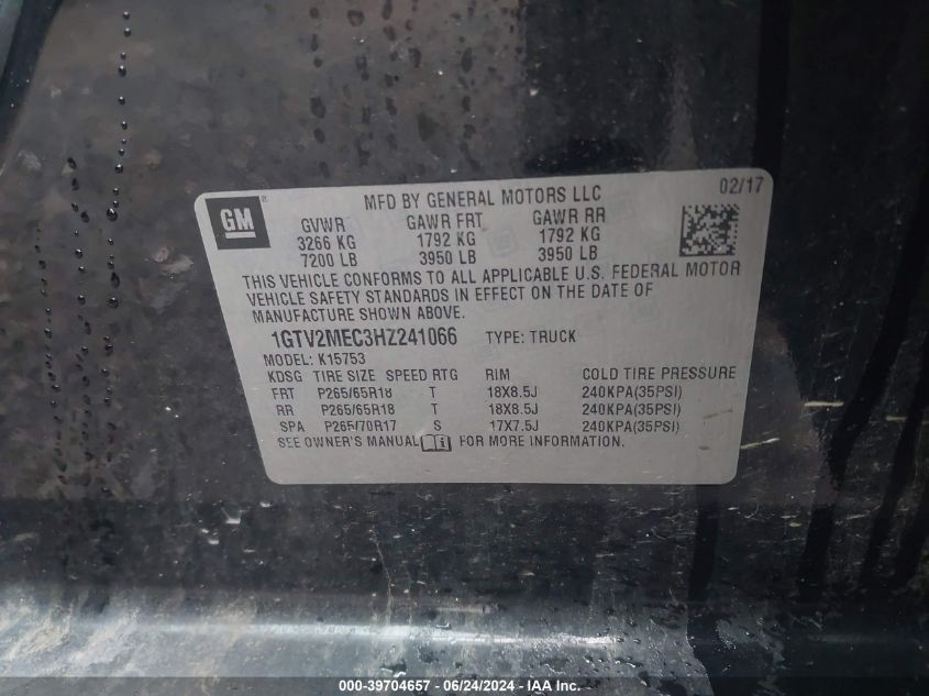 2017 GMC Sierra 1500 Sle VIN: 1GTV2MEC3HZ241066 Lot: 39704657