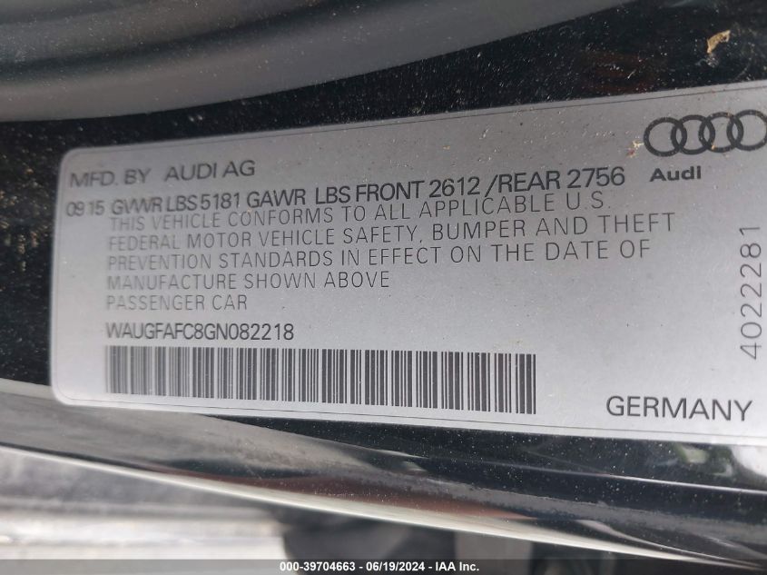 2016 Audi A6 2.0T Premium Plus VIN: WAUGFAFC8GN082218 Lot: 39704663