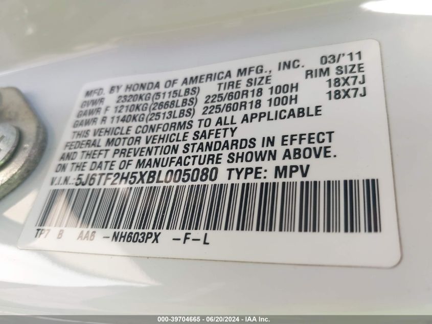 2011 Honda Accord Crosstour Ex-L VIN: 5J6TF2H5XBL005080 Lot: 39704665