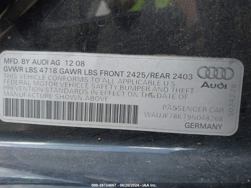 WAUJF78K79N048268 | 2009 AUDI A4