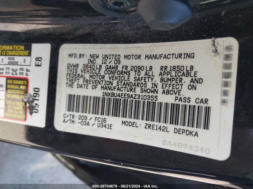 2010 Toyota Corolla Le VIN: 1NXBU4EE9AZ310355 Lot: 39704678