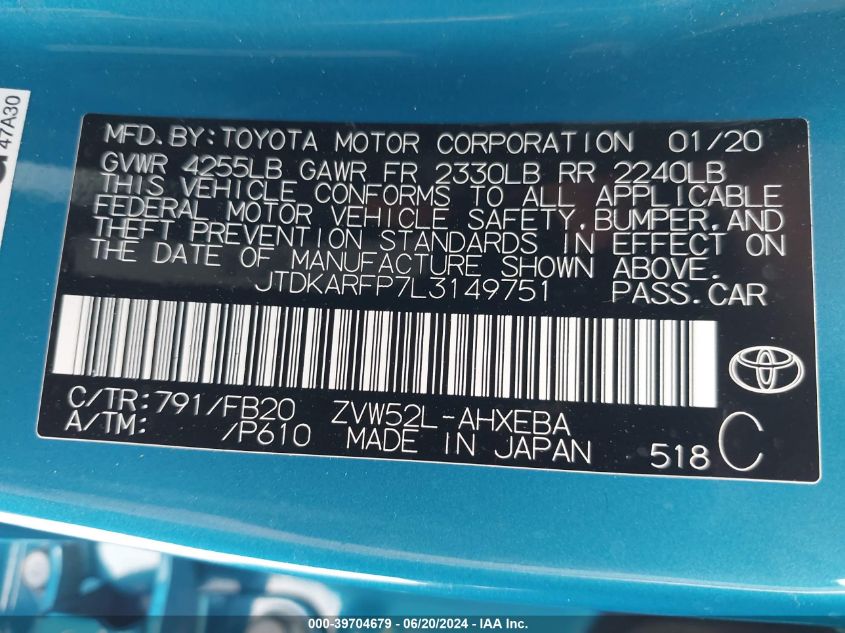 2020 Toyota Prius Prime Le VIN: JTDKARFP7L3149751 Lot: 39704679
