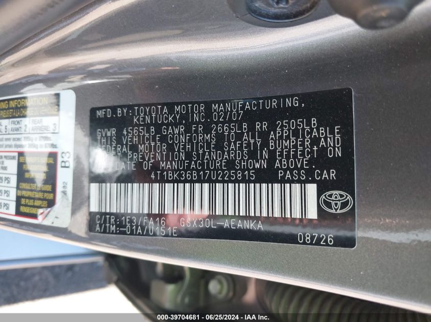 2007 Toyota Avalon Xl VIN: 4T1BK36B17U225815 Lot: 39704681
