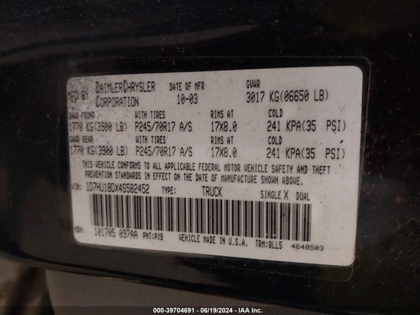 2004 Dodge Ram 1500 Slt/Laramie VIN: 1D7HU18DX4S582452 Lot: 39704691