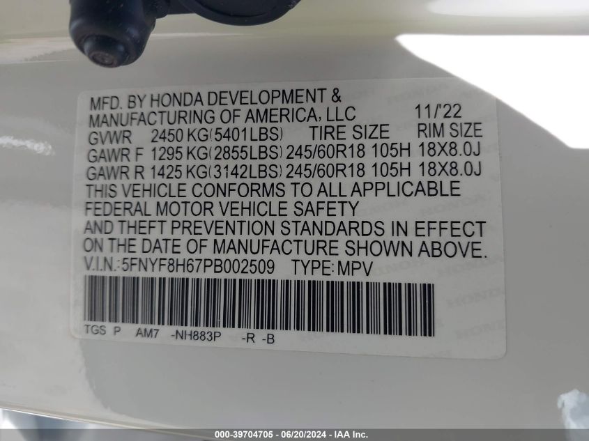 2023 Honda Passport Trail Sport VIN: 5FNYF8H67PB002509 Lot: 39704705