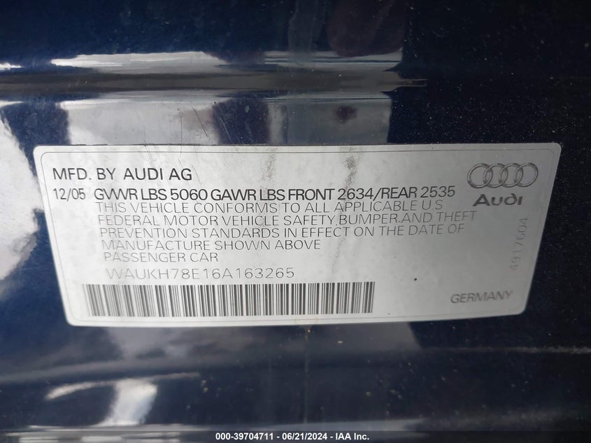 2006 Audi A4 3.2 Avant Quattro VIN: WAUKH78E16A163265 Lot: 39704711