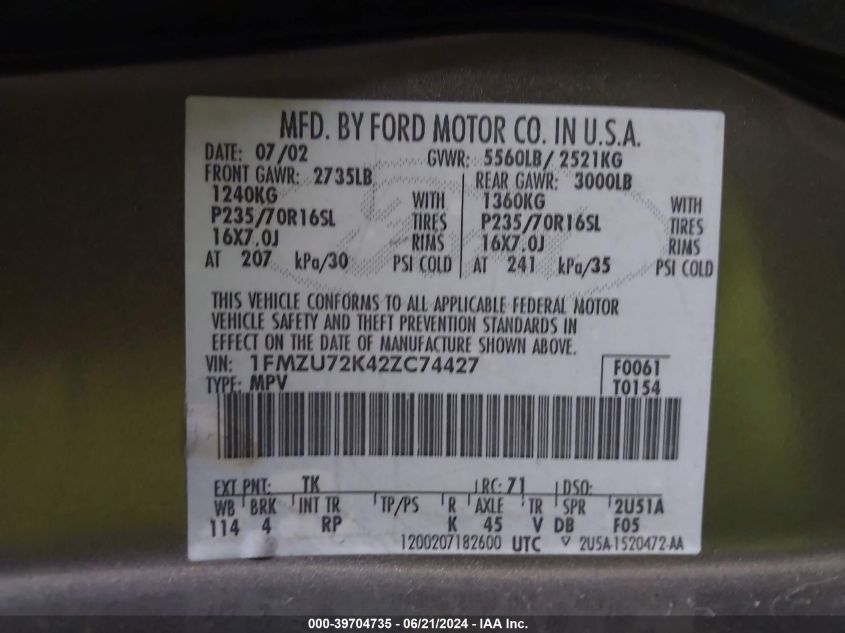 2002 Ford Explorer Xls VIN: 1FMZU72K42ZC74427 Lot: 39704735