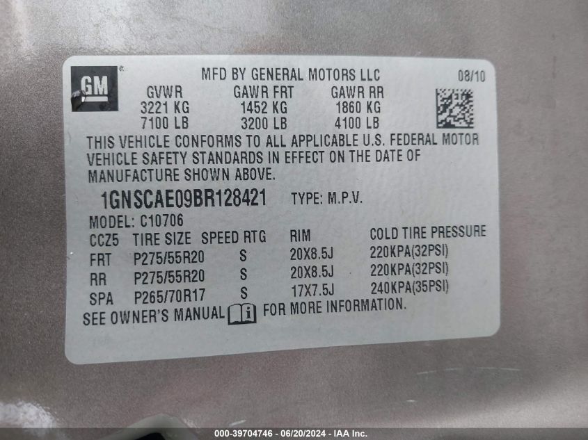 2011 Chevrolet Tahoe Ls VIN: 1GNSCAE09BR128421 Lot: 39704746