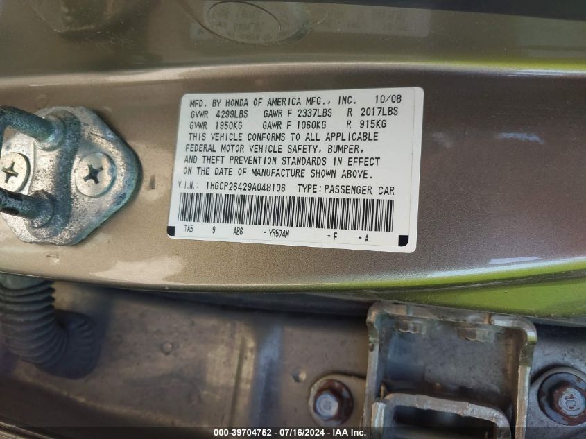 2009 Honda Accord Lxp VIN: 1HGCP26429A048106 Lot: 39704752