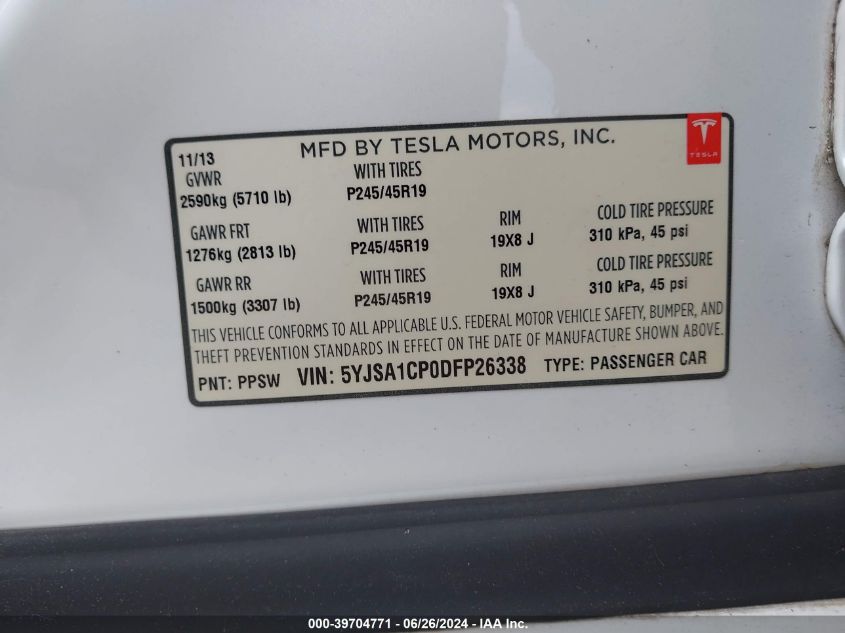 2013 Tesla Model S VIN: 5YJSA1CP0DFP26338 Lot: 39704771