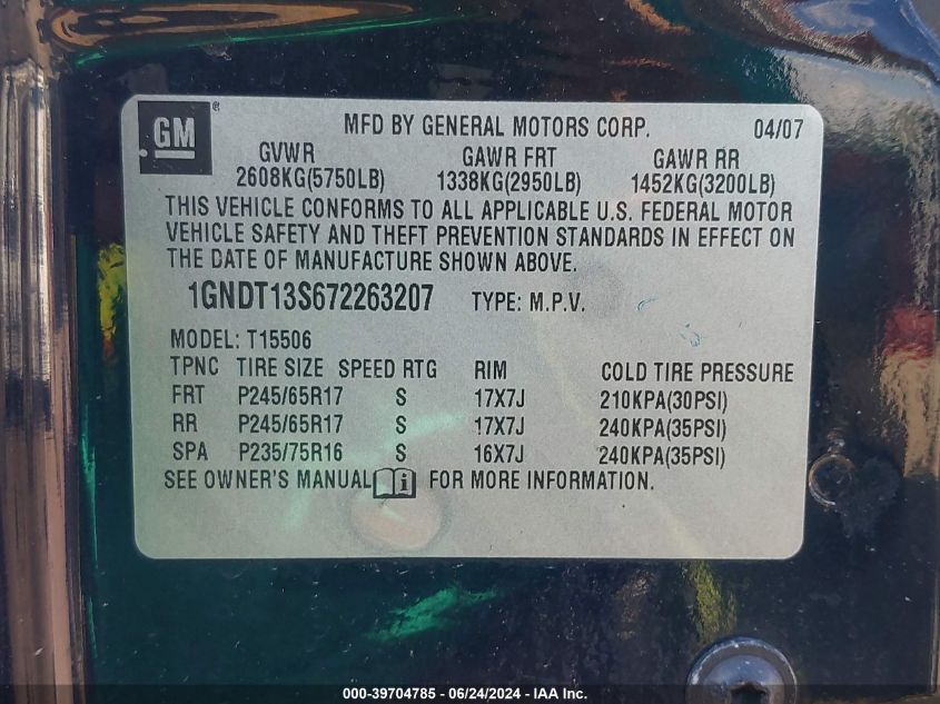 2007 Chevrolet Trailblazer Lt VIN: 1GNDT13S672263207 Lot: 39704785