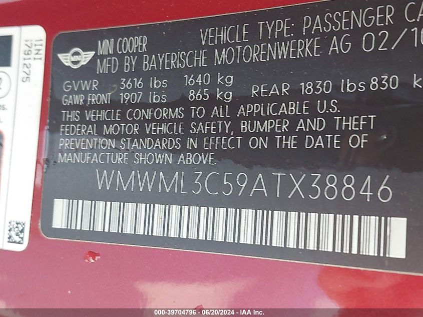 2010 Mini Cooper Clubman Base (M6) VIN: WMWML3C59ATX38846 Lot: 39704796