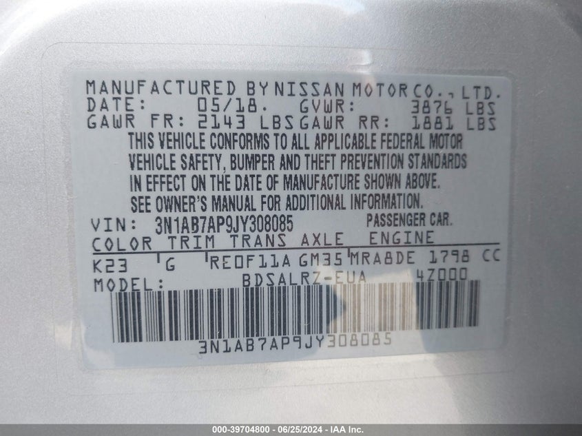 2018 Nissan Sentra Sr VIN: 3N1AB7AP9JY308085 Lot: 39704800