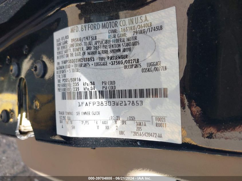 2003 Ford Focus Zts VIN: 1FAFP38303W217853 Lot: 39704805