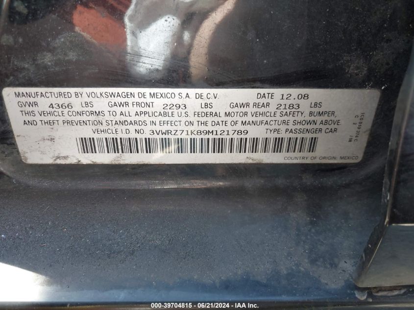 2009 Volkswagen Jetta Se/Sel VIN: 3VWRZ71K89M121789 Lot: 39704815
