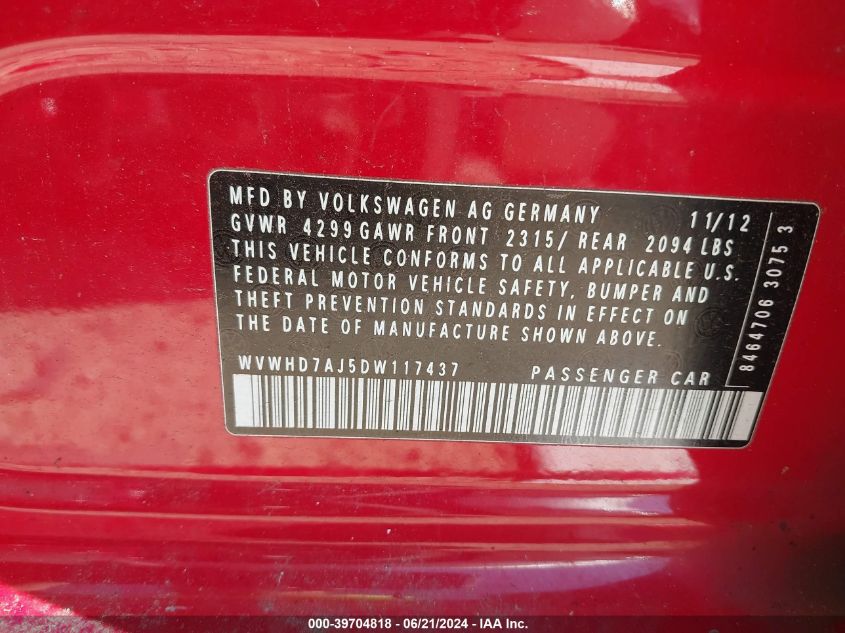 2013 Volkswagen Gti VIN: WVWHD7AJ5DW117437 Lot: 39704818
