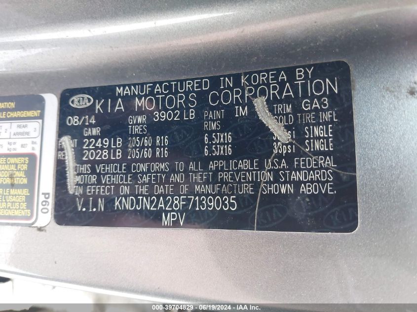 2015 Kia Soul VIN: KNDJN2A28F7139035 Lot: 39704829