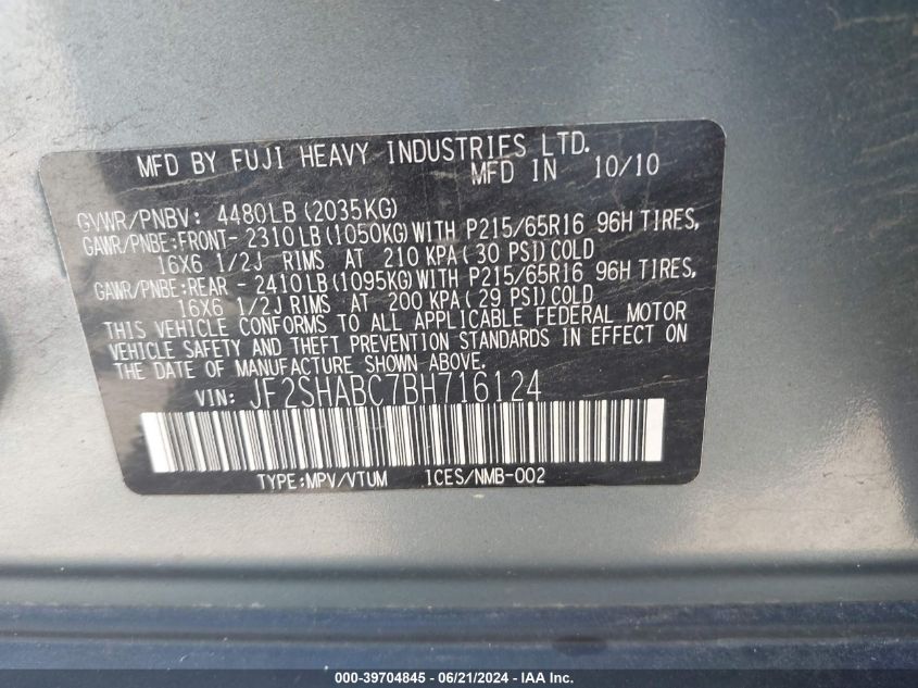 2011 Subaru Forester 2.5X VIN: JF2SHABC7BH716124 Lot: 39704845