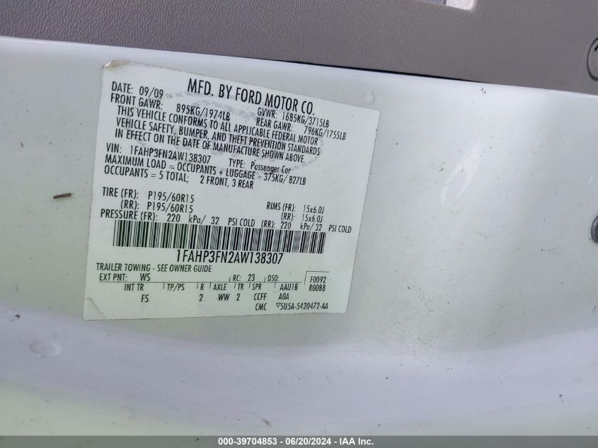 2010 Ford Focus Se VIN: 1FAHP3FN2AW138307 Lot: 39704853