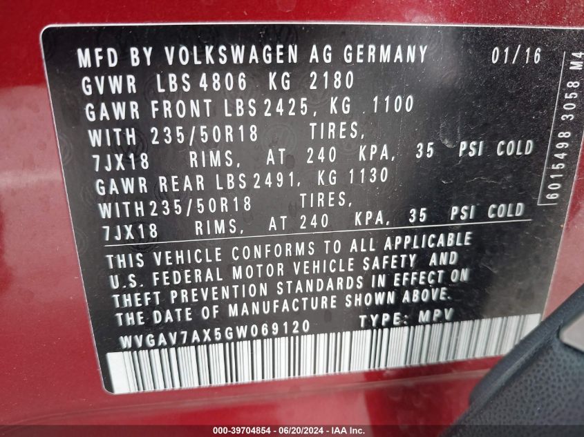 2016 Volkswagen Tiguan S/Se/Sel/R-Line VIN: WVGAV7AX5GW069120 Lot: 39704854