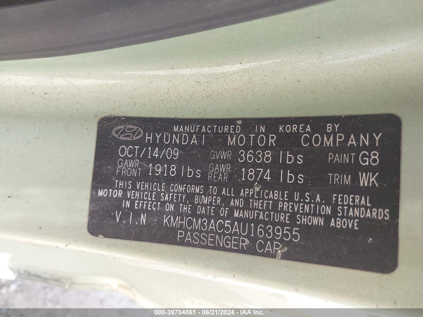 2010 Hyundai Accent Gs VIN: KMHCM3AC5AU163955 Lot: 39704861