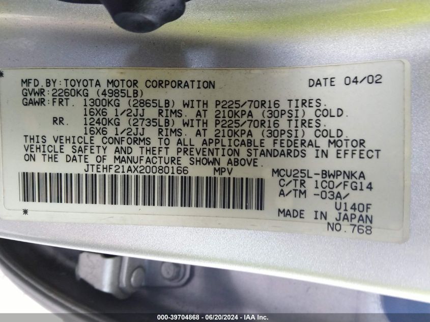 2002 Toyota Highlander V6 VIN: JTEHF21AX20080166 Lot: 39704868