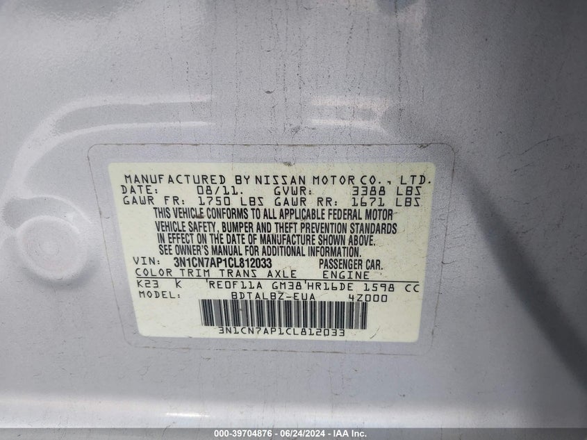 2012 Nissan Versa 1.6 Sv VIN: 3N1CN7AP1CL812033 Lot: 39704876