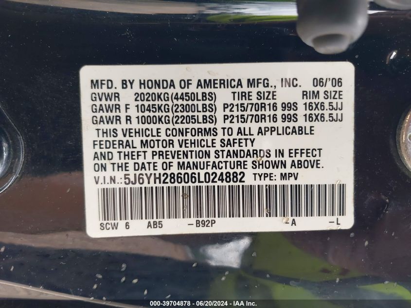 2006 Honda Element Ex VIN: 5J6YH28606L024882 Lot: 39704878
