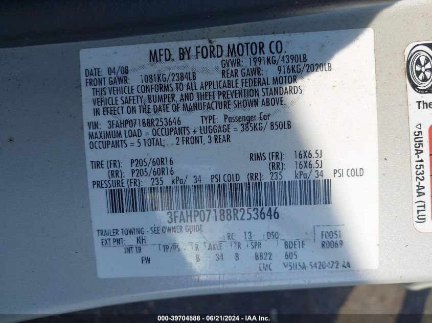 2008 Ford Fusion Se VIN: 3FAHP07188R253646 Lot: 39704888