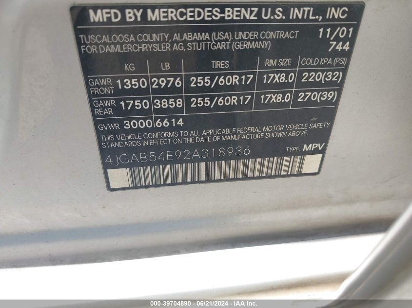 2002 Mercedes-Benz Ml 320 VIN: 4JGAB54E92A318936 Lot: 39704890