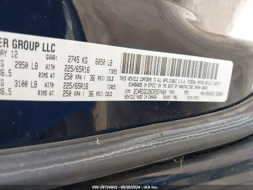 2012 Dodge Grand Caravan Sxt VIN: 2C4RDGCG9CR357460 Lot: 39704902