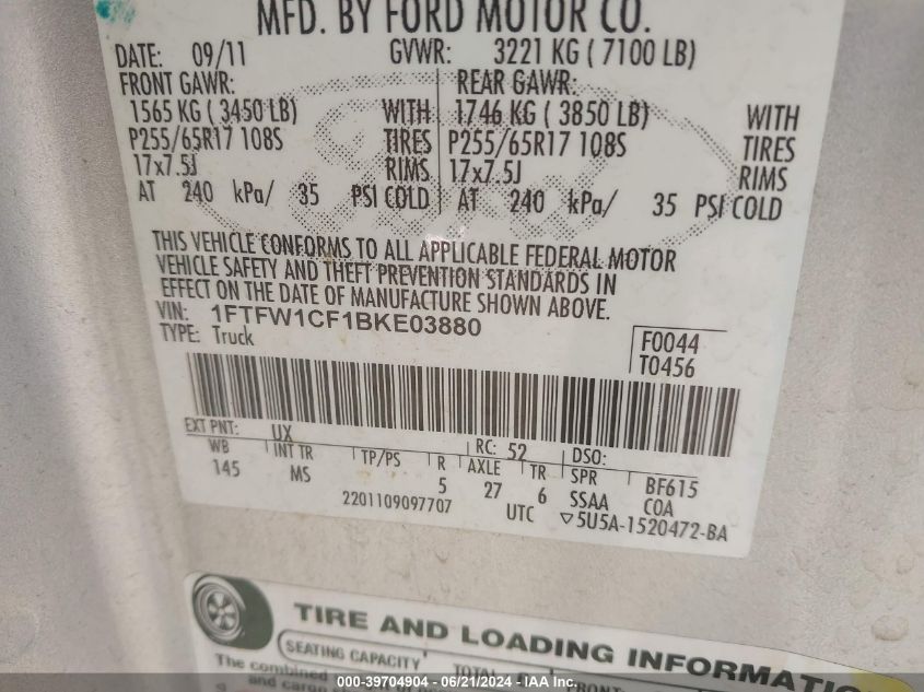 2011 Ford F-150 Xlt VIN: 1FTFW1CF1BKE03880 Lot: 39704904