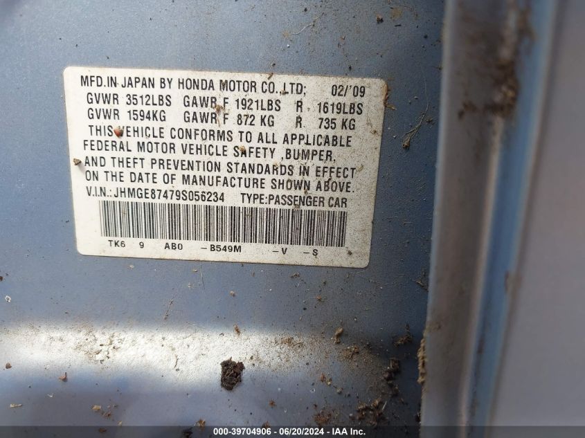 2009 Honda Fit Sport VIN: JHMGE87479S056234 Lot: 39704906