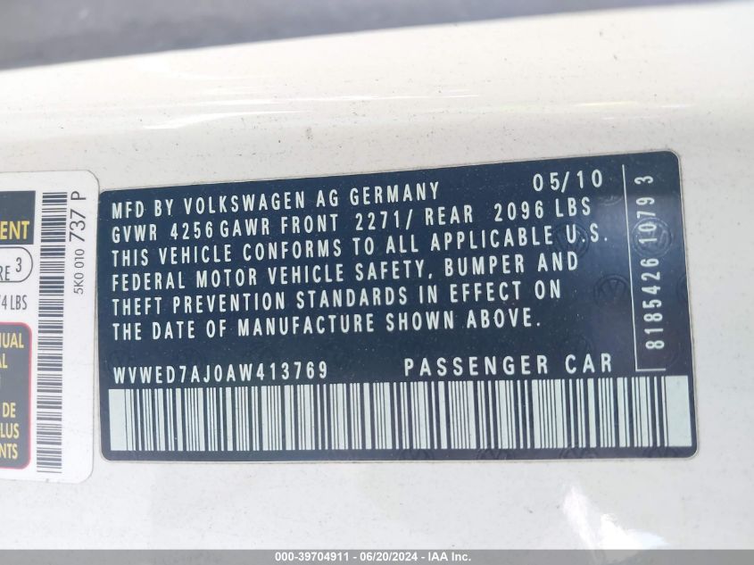 2010 Volkswagen Gti 2-Door VIN: WVWED7AJ0AW413769 Lot: 39704911