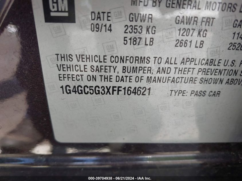 2015 Buick Lacrosse VIN: 1G4GC5G3XFF164621 Lot: 39704938