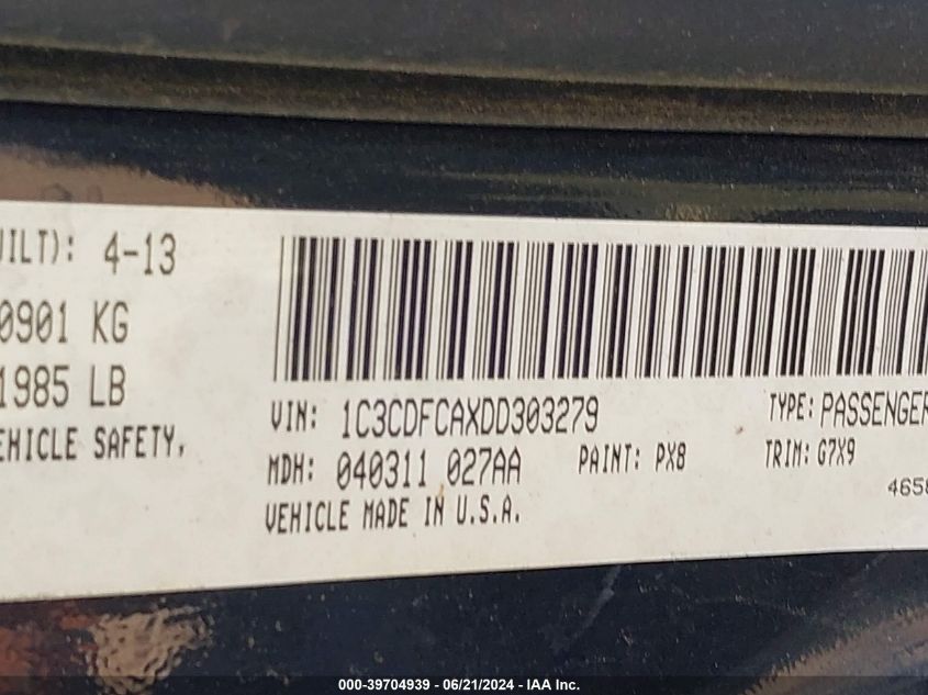 2013 Dodge Dart Limited/R/T VIN: 1C3CDFCAXDD303279 Lot: 39704939