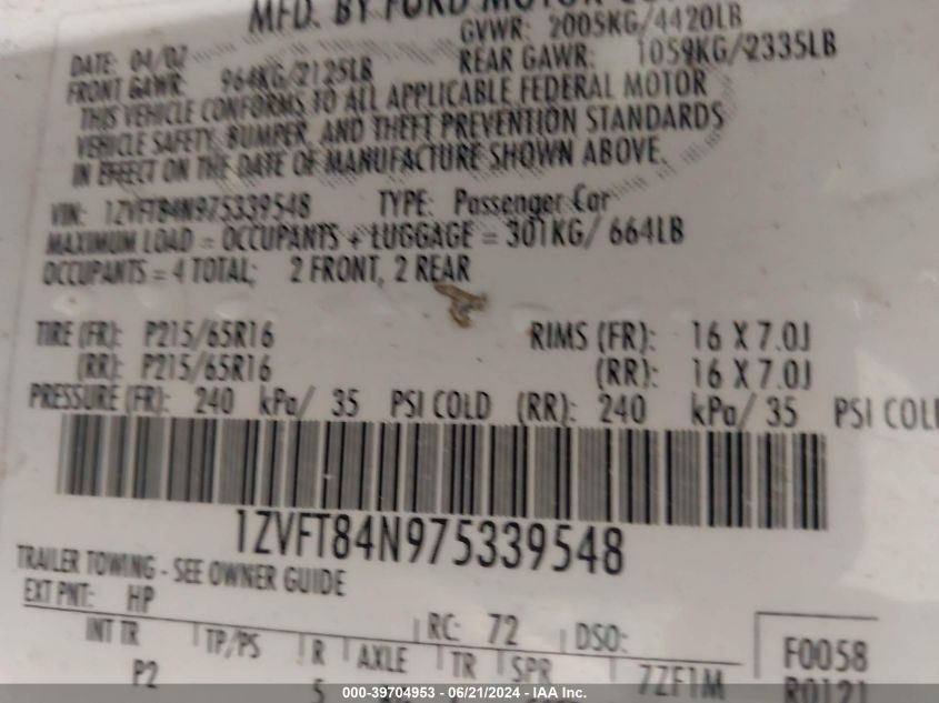 2007 Ford Mustang VIN: 1ZVFT84N975339548 Lot: 39704953