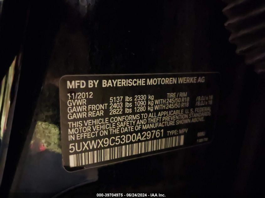 2013 BMW X3 xDrive28I VIN: 5UXWX9C53D0A29761 Lot: 39704975