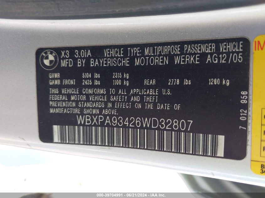 2006 BMW X3 3.0I VIN: WBXPA93426WD32807 Lot: 39704991