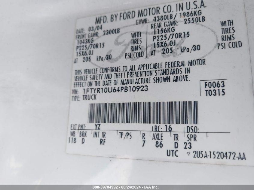 2004 Ford Ranger Edge/Xl/Xlt VIN: 1FTYR10U64PB10923 Lot: 39704992