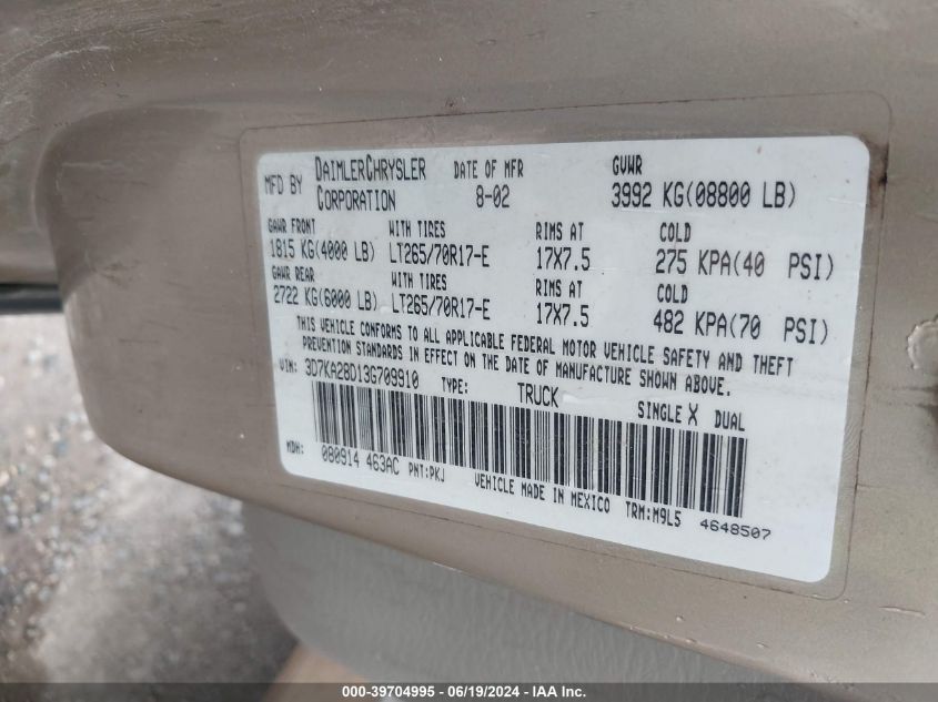 2003 Dodge Ram 2500 Slt/Laramie/St VIN: 3D7KA28D13G709910 Lot: 39704995