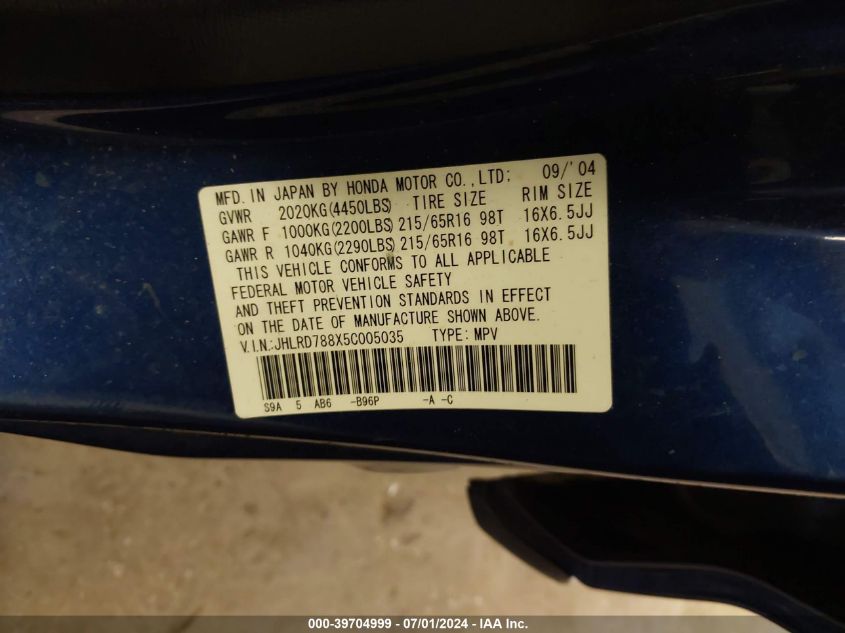 2005 Honda Cr-V Ex VIN: JHLRD788X5C005035 Lot: 39704999